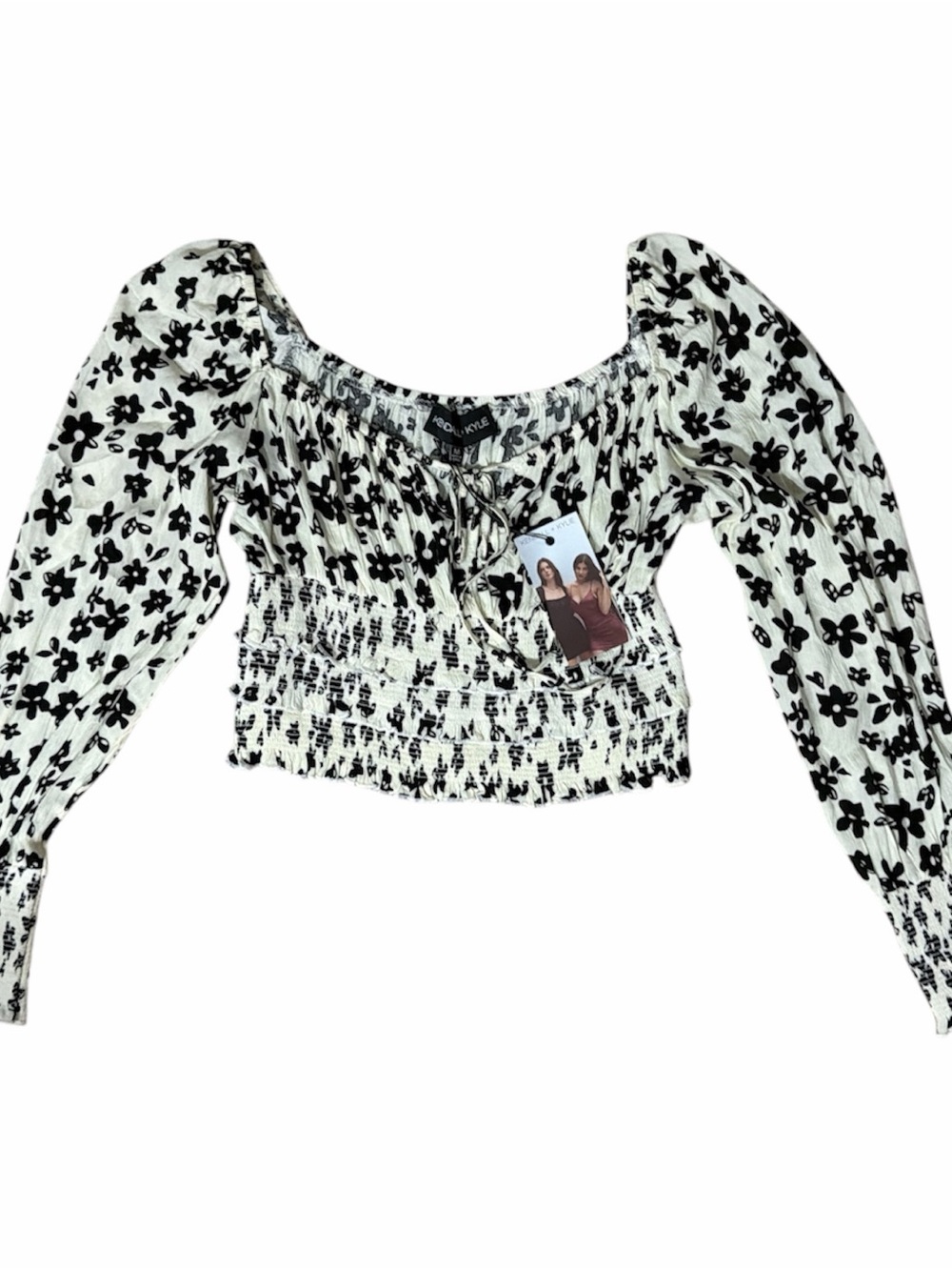 KENDALL & KYLIE Black and White Floral Smocked Puff-Sleeve Crop Top